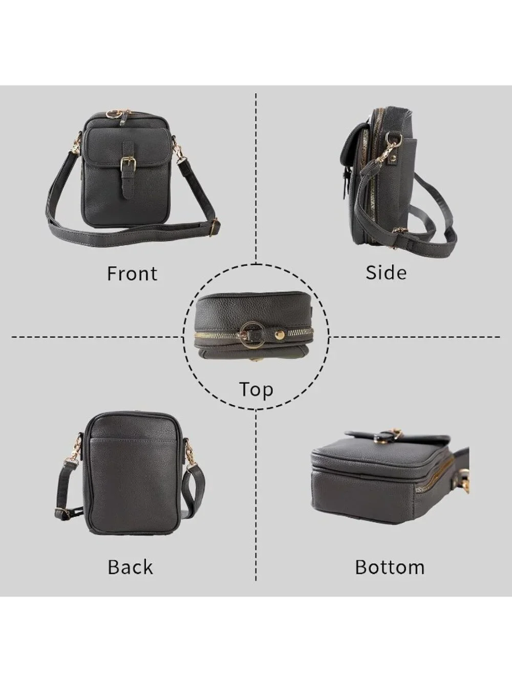 Women's Grey Faux Leather Anti-Theft Large Capacity Card Slots Crossbody Bag